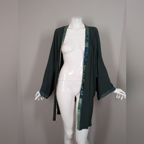 Boho Artisan Kimono Jacket – Forest Green with Patchwork Art & Embroidery – One - Picture 6 of 8